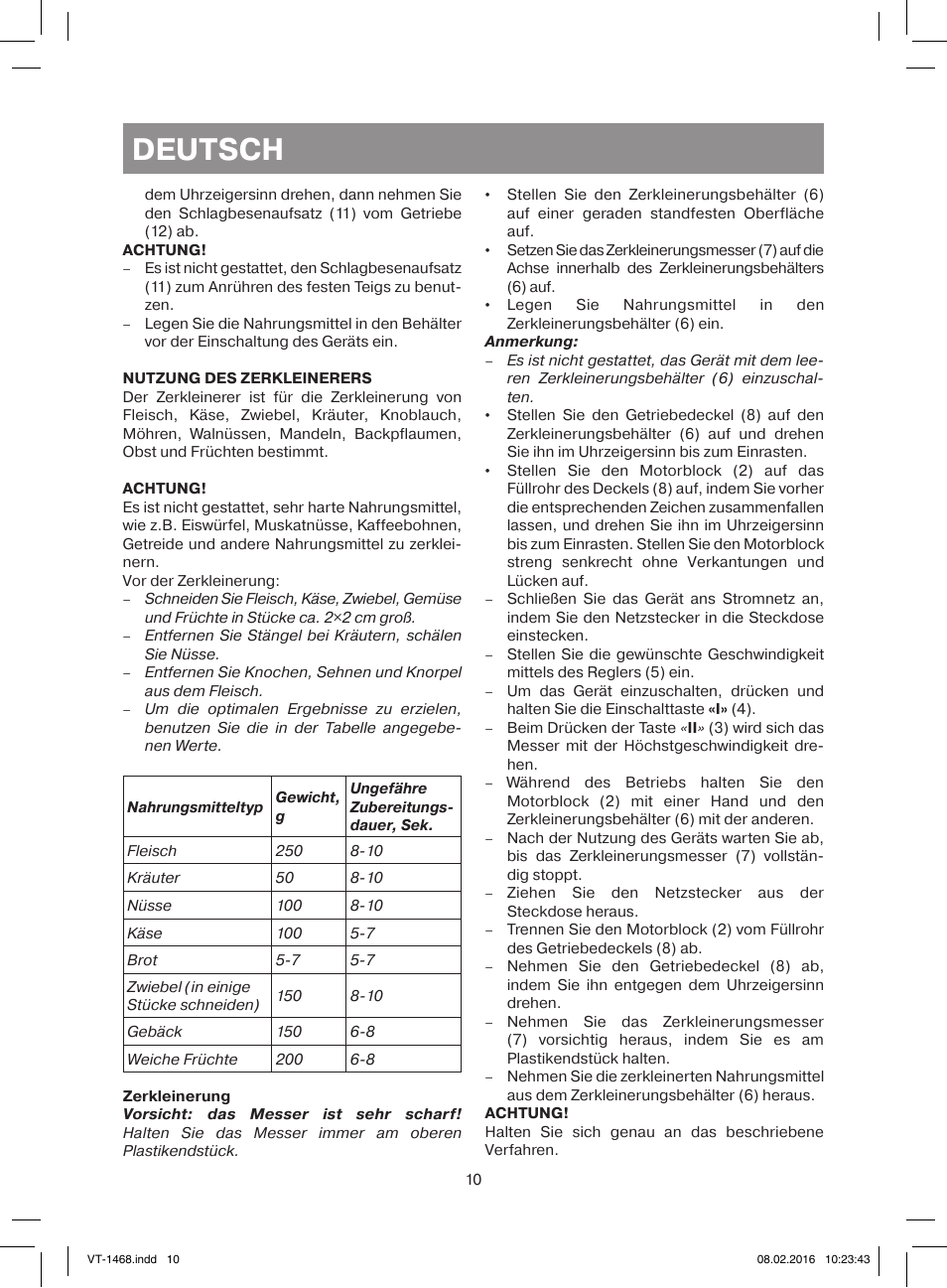 Deutsch | Vitek VT-1468 BD User Manual | Page 10 / 28