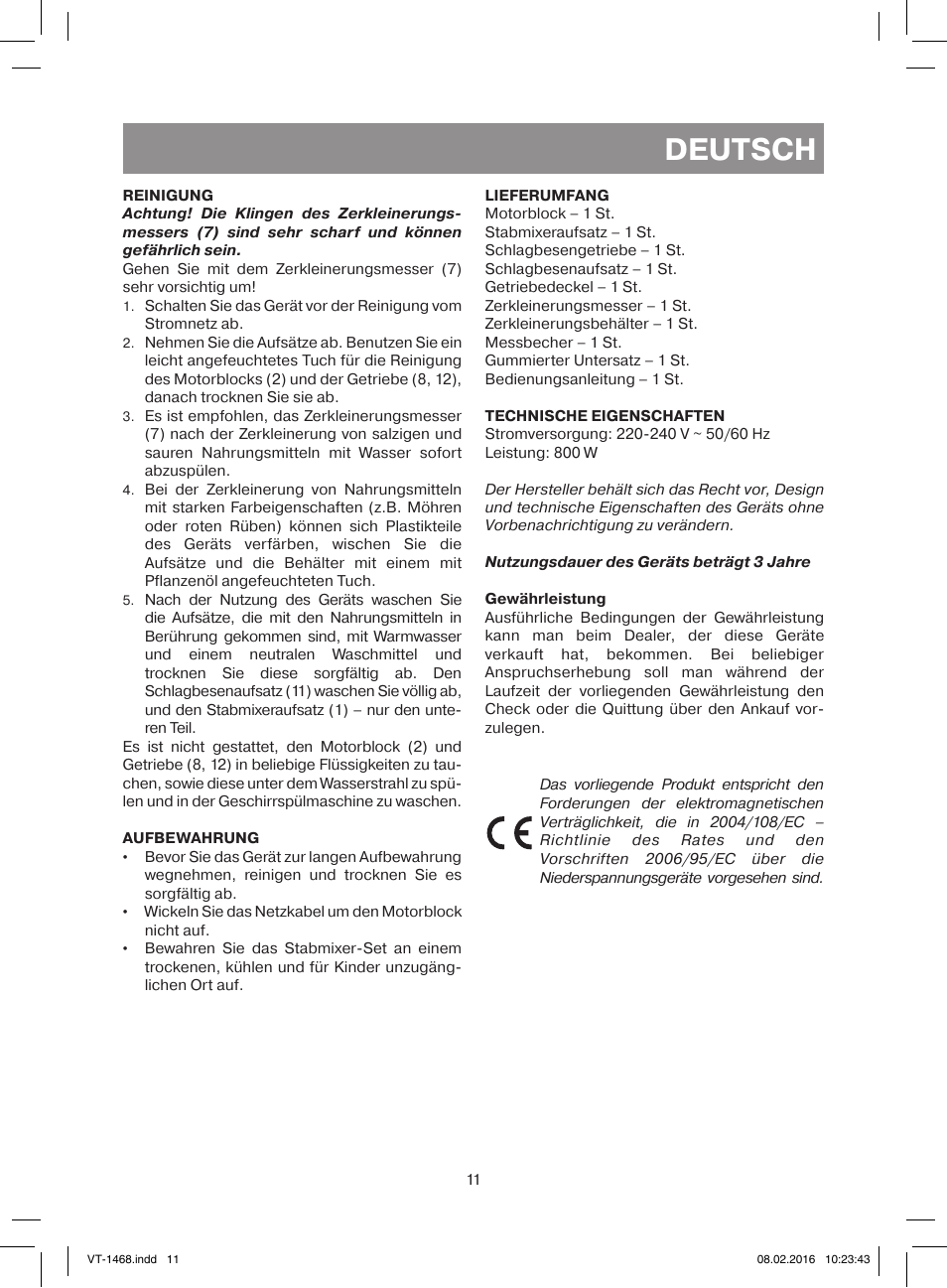 Deutsch | Vitek VT-1468 BD User Manual | Page 11 / 28