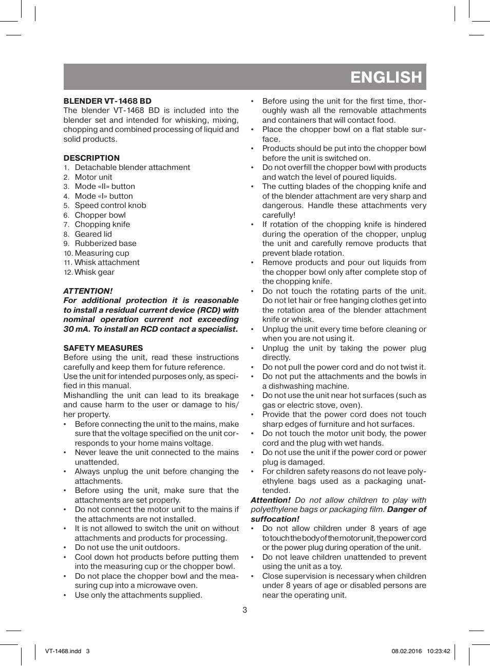 English | Vitek VT-1468 BD User Manual | Page 3 / 28