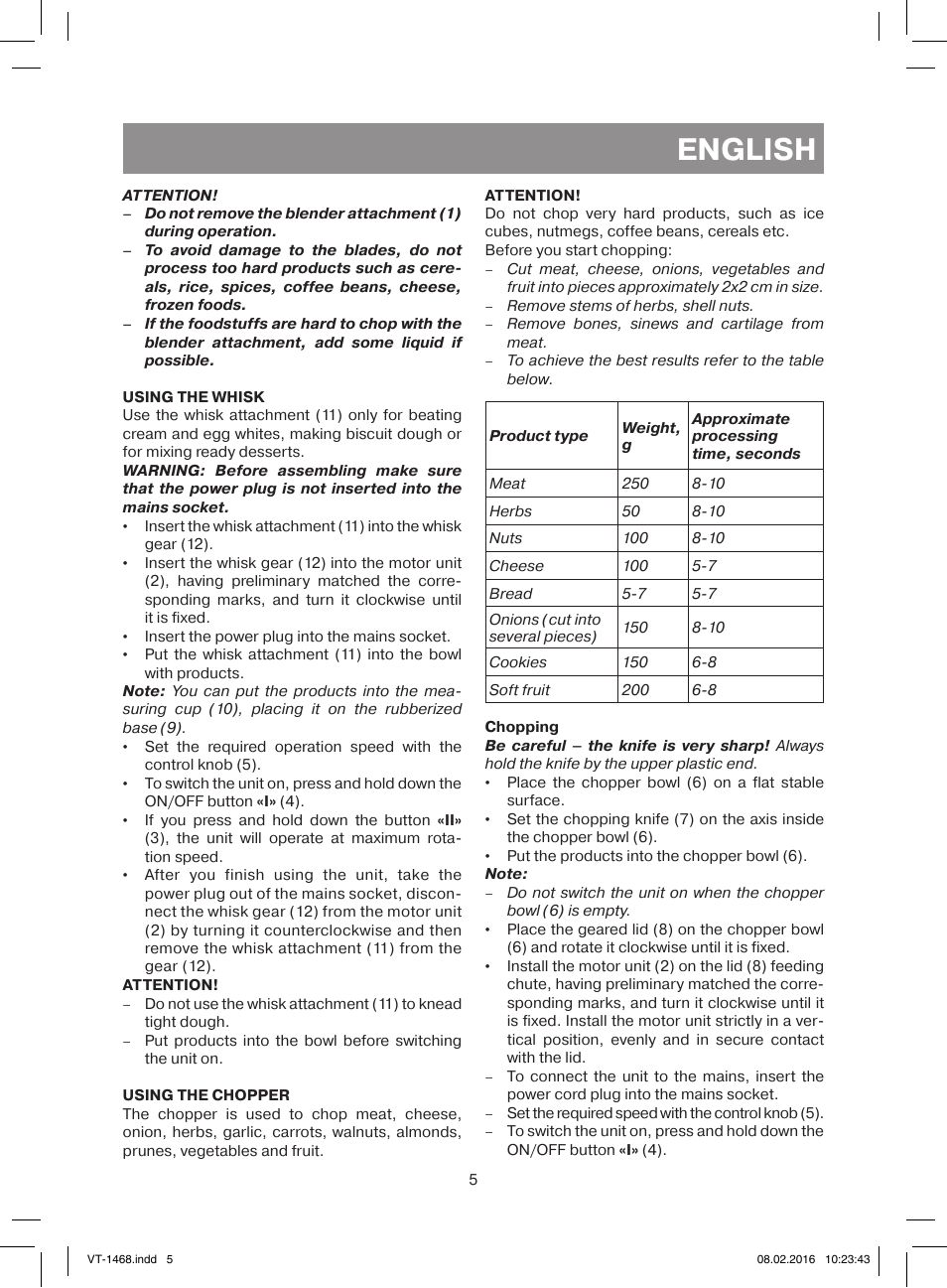 English | Vitek VT-1468 BD User Manual | Page 5 / 28