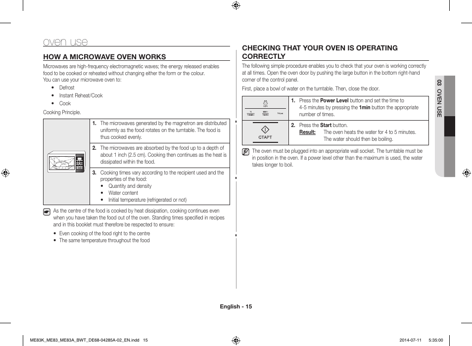 Oven use, How a microwave oven works, Checking that your oven is operating correctly | Samsung ME83KRS-2 User Manual | Page 15 / 30