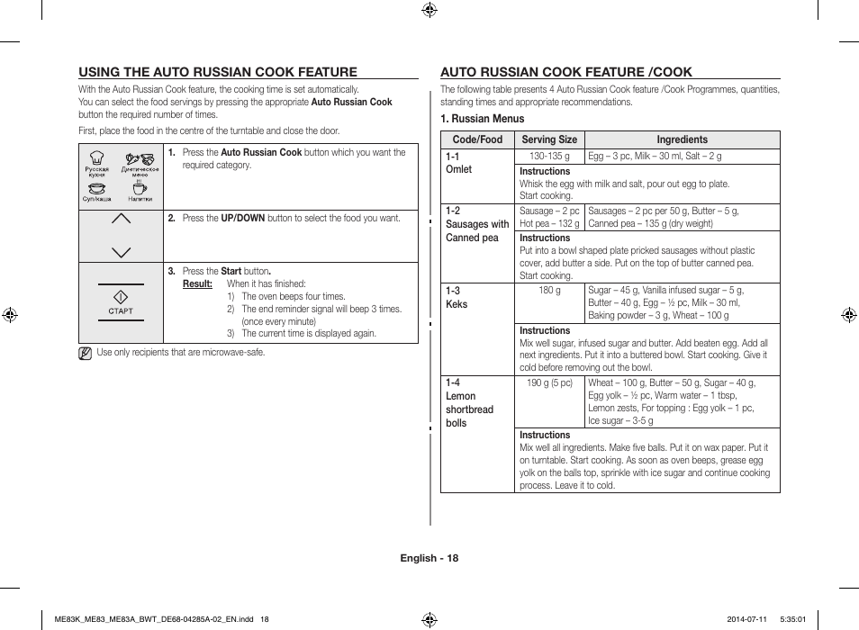 Using the auto russian cook feature, Auto russian cook feature /cook | Samsung ME83KRS-2 User Manual | Page 18 / 30