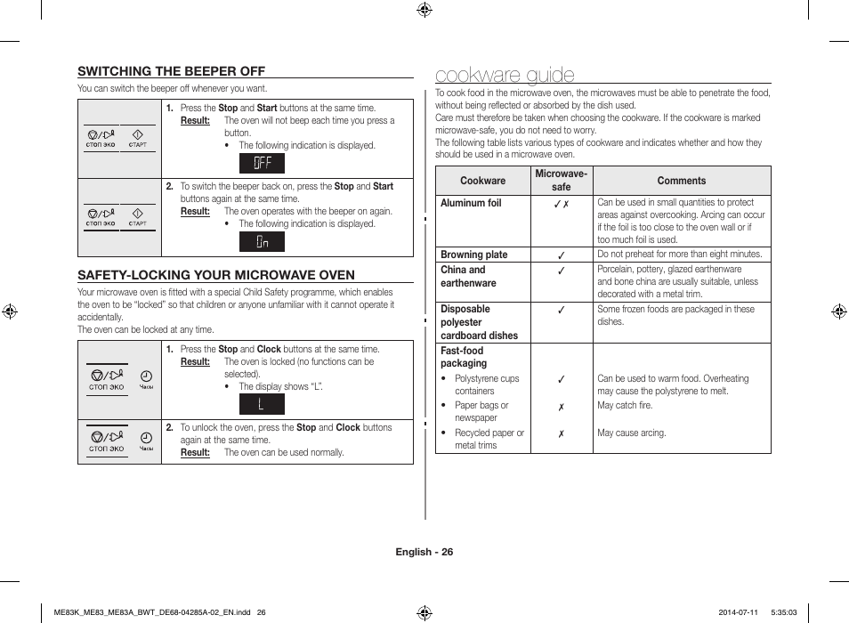 Switching the beeper off, Safety-locking your microwave oven, Cookware guide | Samsung ME83KRS-2 User Manual | Page 26 / 30