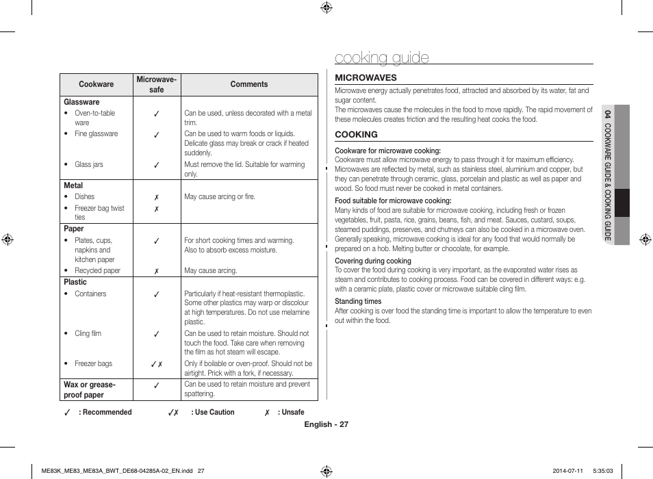 Cooking guide | Samsung ME83KRS-2 User Manual | Page 27 / 30