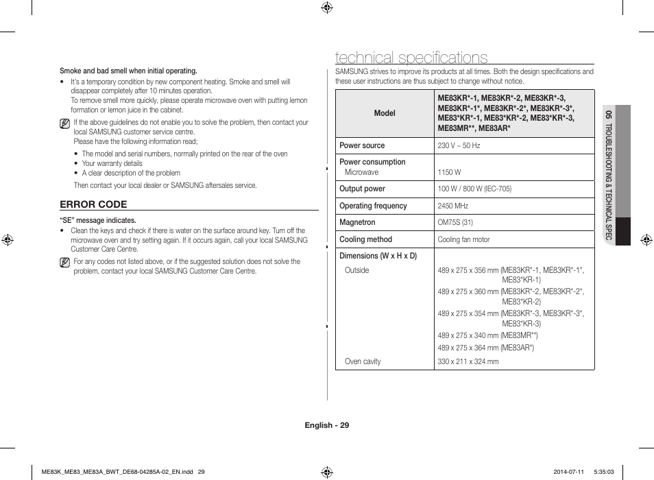 Error code, Technical specifications | Samsung ME83KRS-2 User Manual | Page 29 / 30