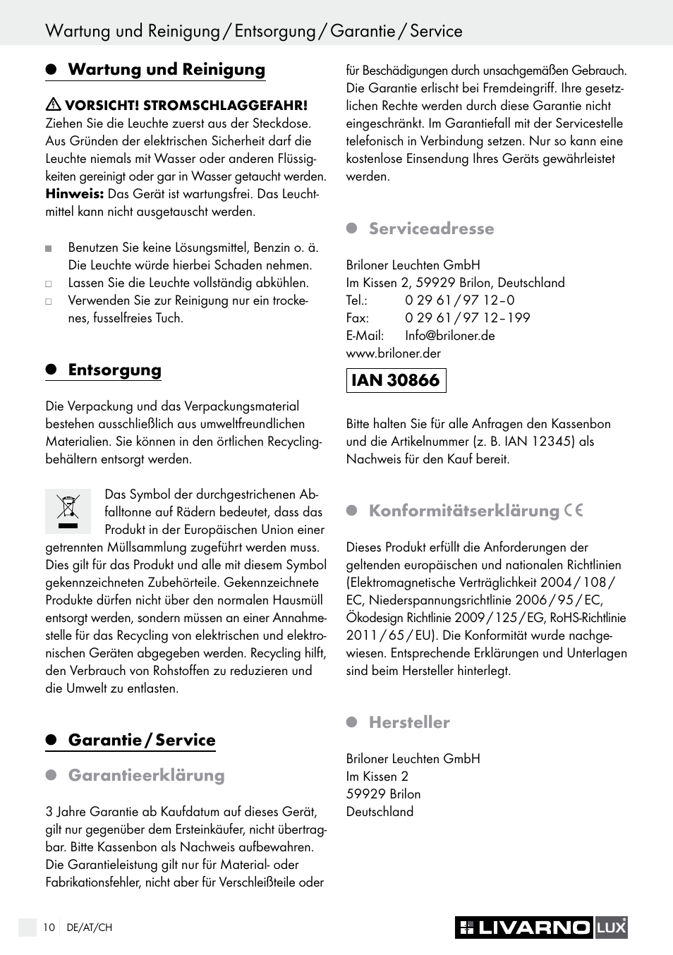 Introduction / safety, Wartung und reinigung, Entsorgung | Garantie / service garantieerklärung, Serviceadresse, Konformitätserklärung, Hersteller | Livarno 2772-012L or 2777-012L User Manual | Page 10 / 17