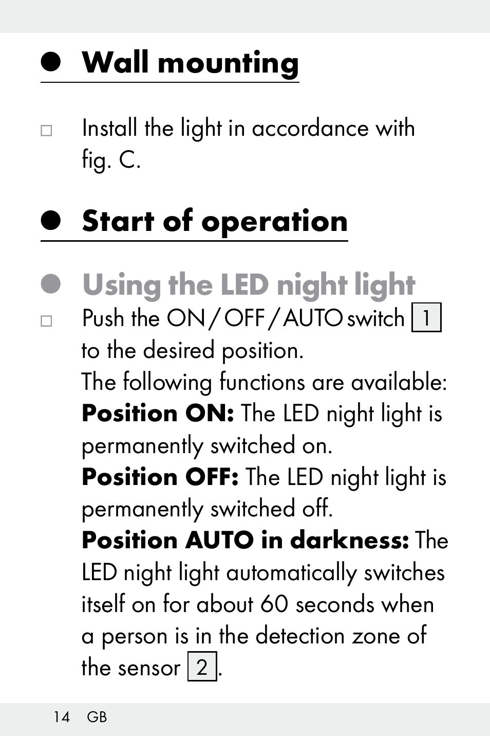 Wall mounting, Start of operation using the led night light | Livarno Z32148C User Manual | Page 14 / 107