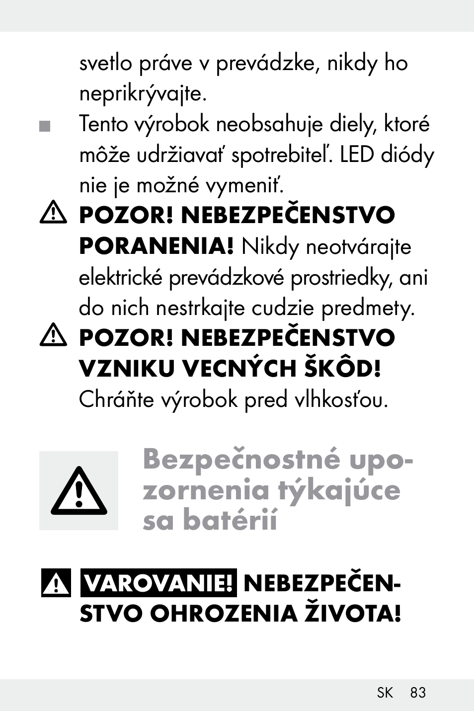 Bezpečnostné upo- zornenia týkajúce sa batérií | Livarno Z32148C User Manual | Page 83 / 107