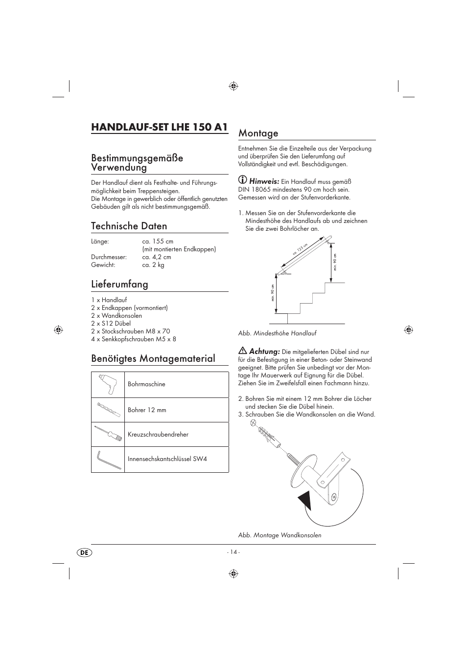 Technische daten, Lieferumfang, Benötigtes montagematerial | Montage, Hinweis, Achtung | Livarno LHE 150 A1 User Manual | Page 15 / 16