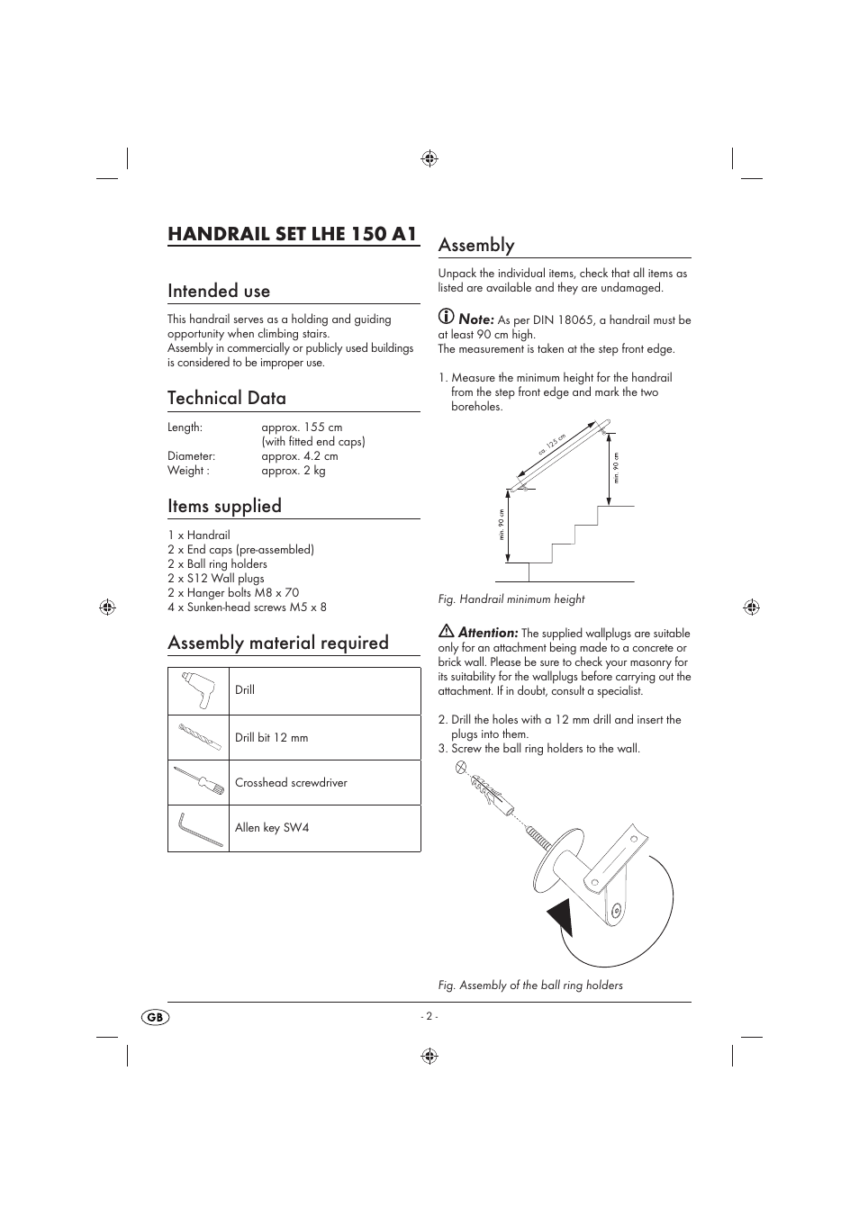 Handrail set lhe 150 a1 intended use, Technical data, Items supplied | Assembly material required, Assembly, Attention | Livarno LHE 150 A1 User Manual | Page 3 / 16