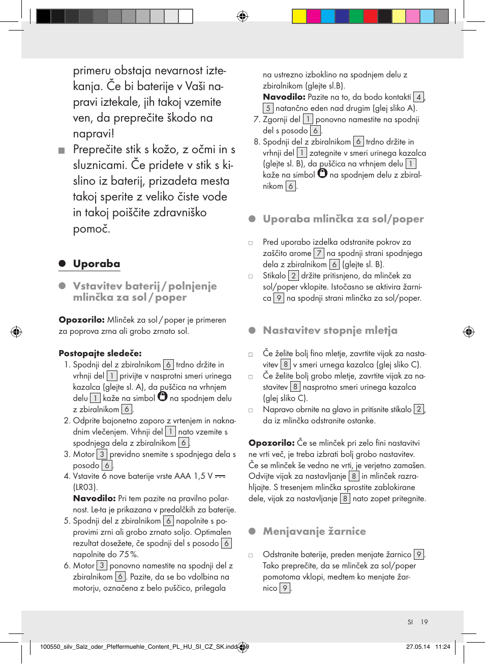 Uporaba, Uporaba mlinčka za sol/poper, Nastavitev stopnje mletja | Menjavanje žarnice | Silvercrest Z31498/Z31498A/Z31498B/Z31498C User Manual | Page 19 / 35