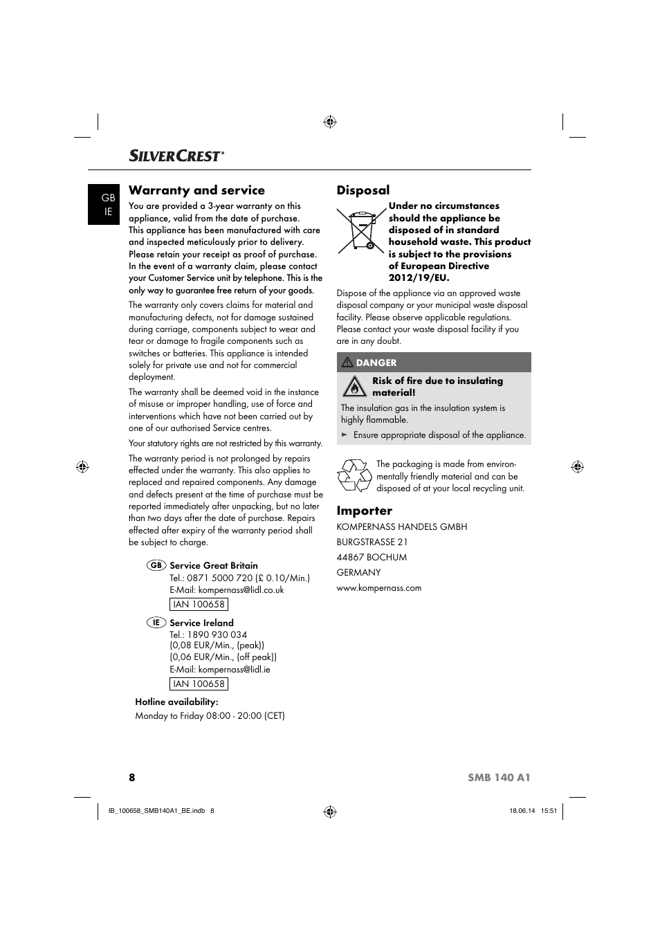 Warranty and service, Disposal, Importer | Silvercrest SMB 140 A1 User Manual | Page 11 / 36