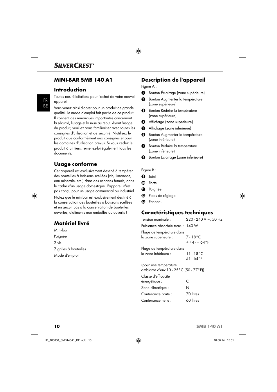 Mini-bar smb 140 a1 introduction, Usage conforme, Matériel livré | Description de l'appareil, Caractéristiques techniques | Silvercrest SMB 140 A1 User Manual | Page 13 / 36