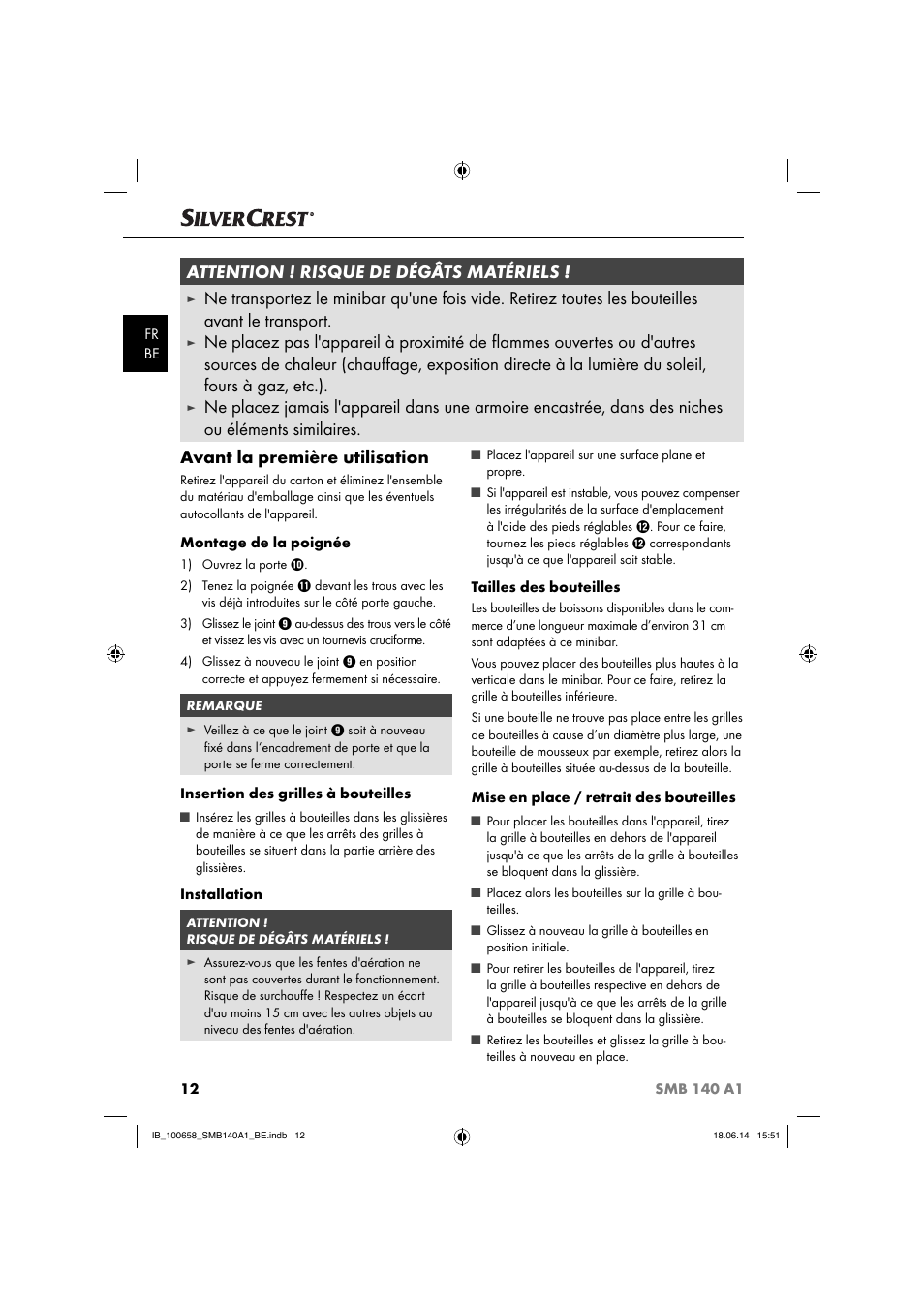 Avant la première utilisation, Attention ! risque de dégâts matériels | Silvercrest SMB 140 A1 User Manual | Page 15 / 36