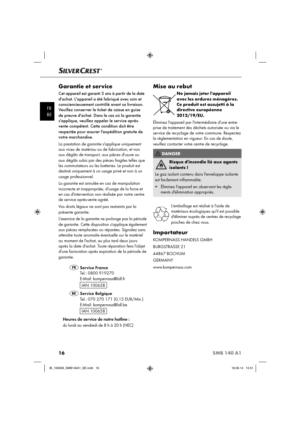 Garantie et service, Mise au rebut, Importateur | Silvercrest SMB 140 A1 User Manual | Page 19 / 36