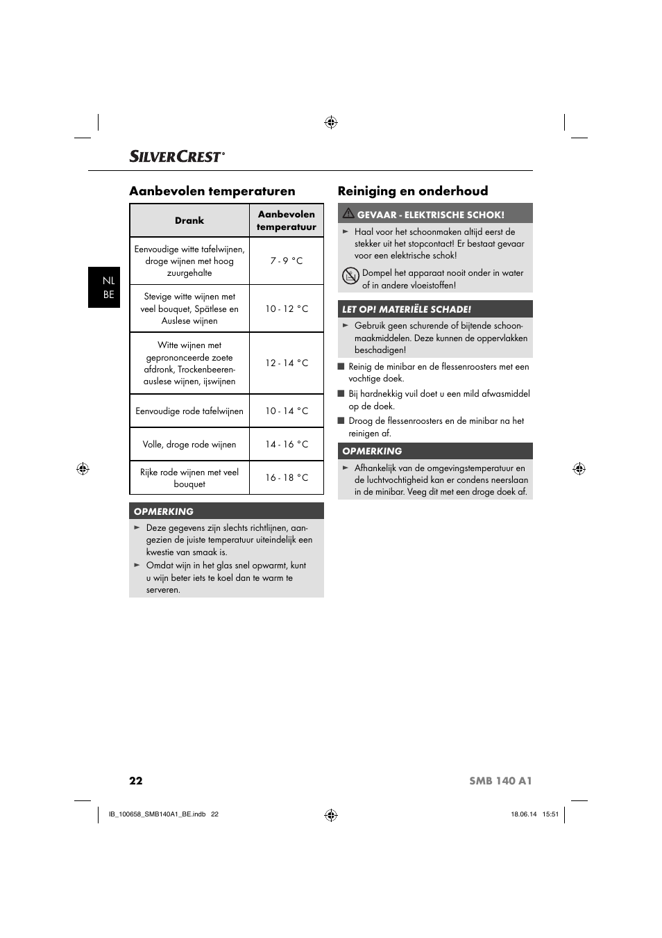 Aanbevolen temperaturen, Reiniging en onderhoud | Silvercrest SMB 140 A1 User Manual | Page 25 / 36