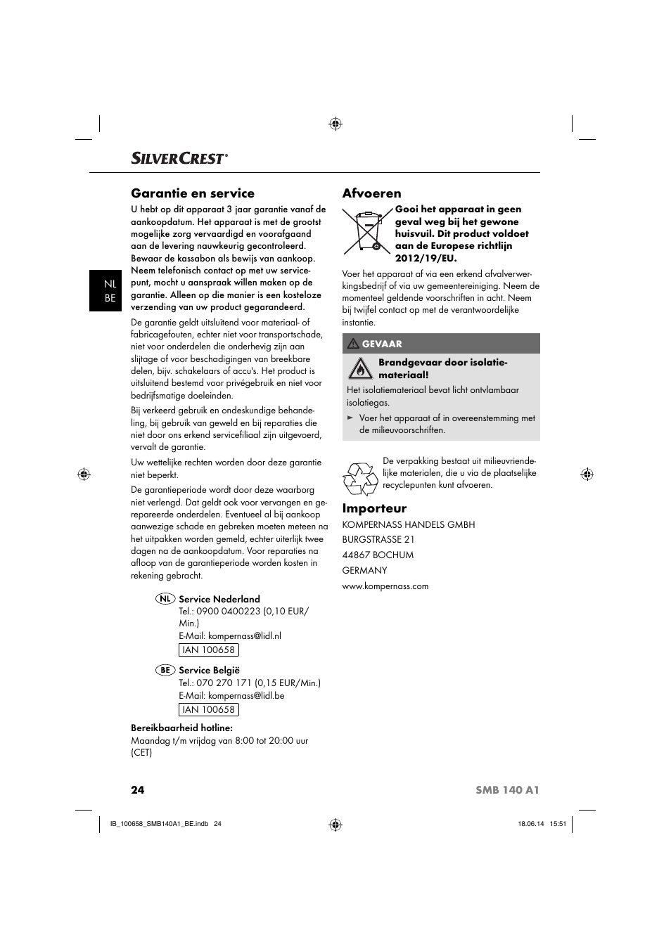 Garantie en service, Afvoeren, Importeur | Silvercrest SMB 140 A1 User Manual | Page 27 / 36