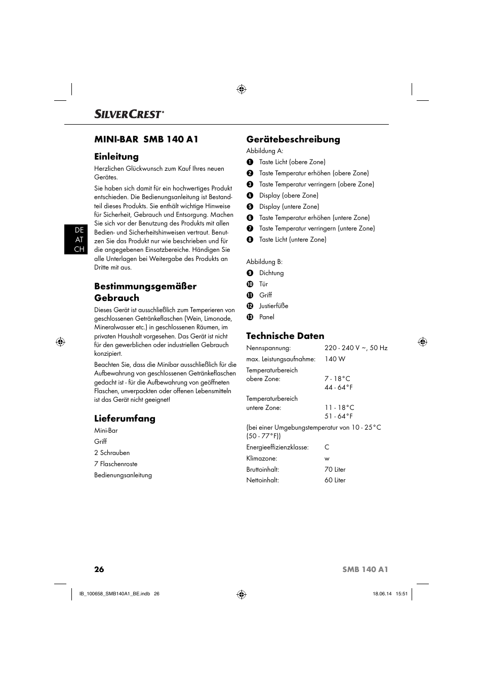 Mini-bar smb 140 a1 einleitung, Bestimmungsgemäßer gebrauch, Lieferumfang | Gerätebeschreibung, Technische daten | Silvercrest SMB 140 A1 User Manual | Page 29 / 36