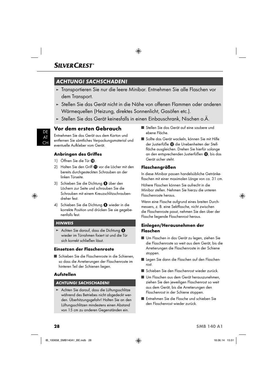 Vor dem ersten gebrauch, Achtung! sachschaden | Silvercrest SMB 140 A1 User Manual | Page 31 / 36