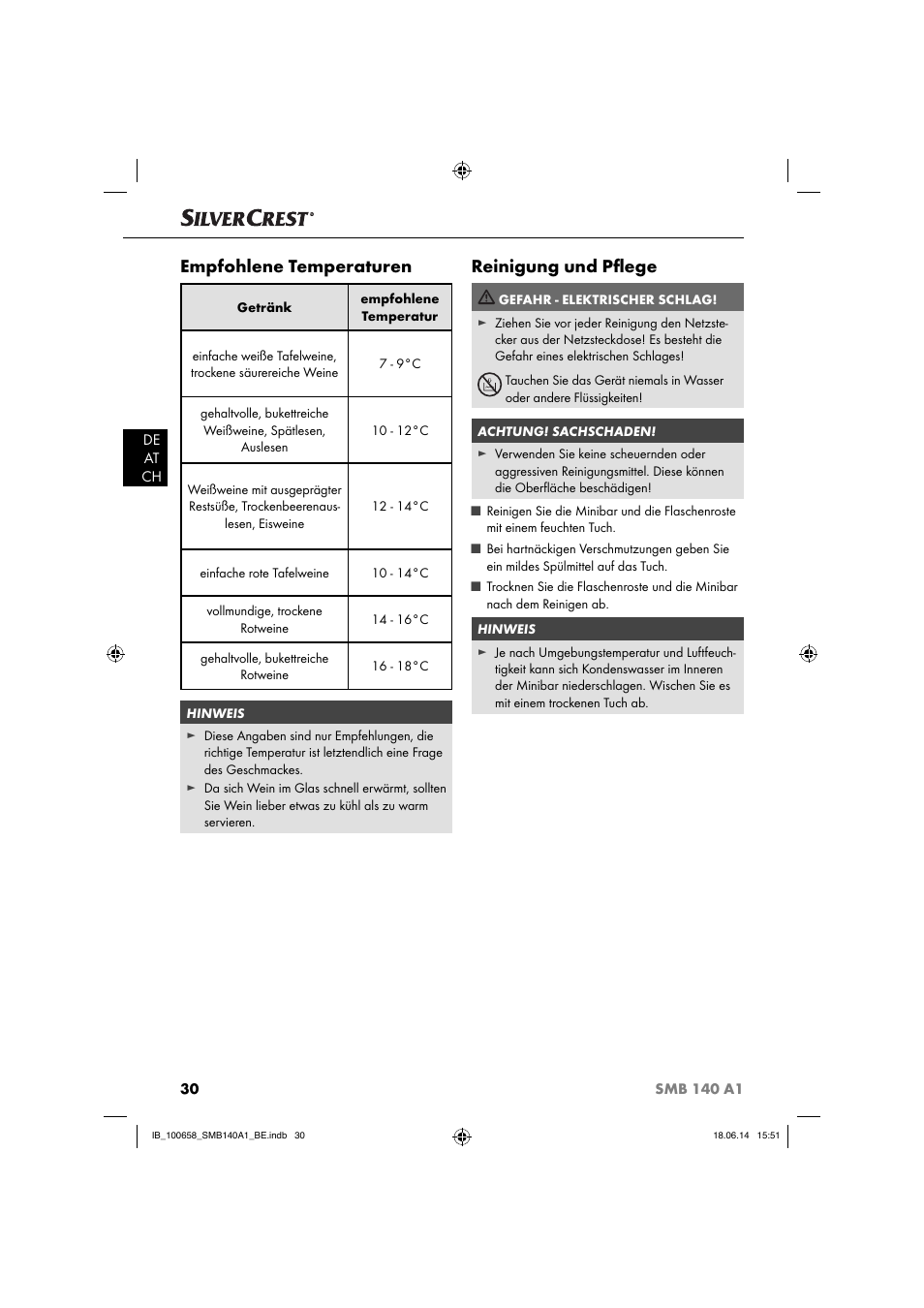 Empfohlene temperaturen, Reinigung und pﬂ ege | Silvercrest SMB 140 A1 User Manual | Page 33 / 36