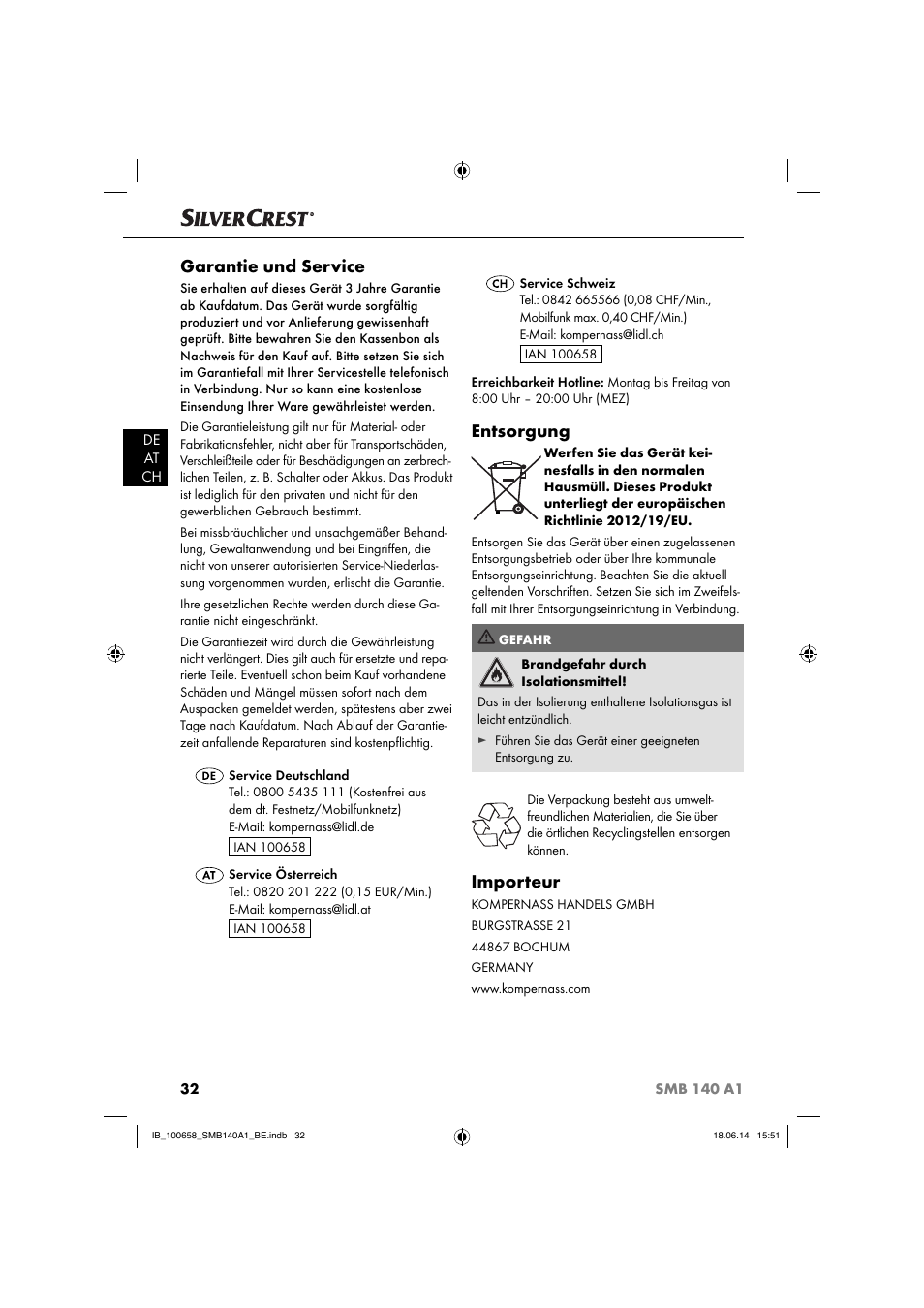 Garantie und service, Entsorgung, Importeur | Silvercrest SMB 140 A1 User Manual | Page 35 / 36