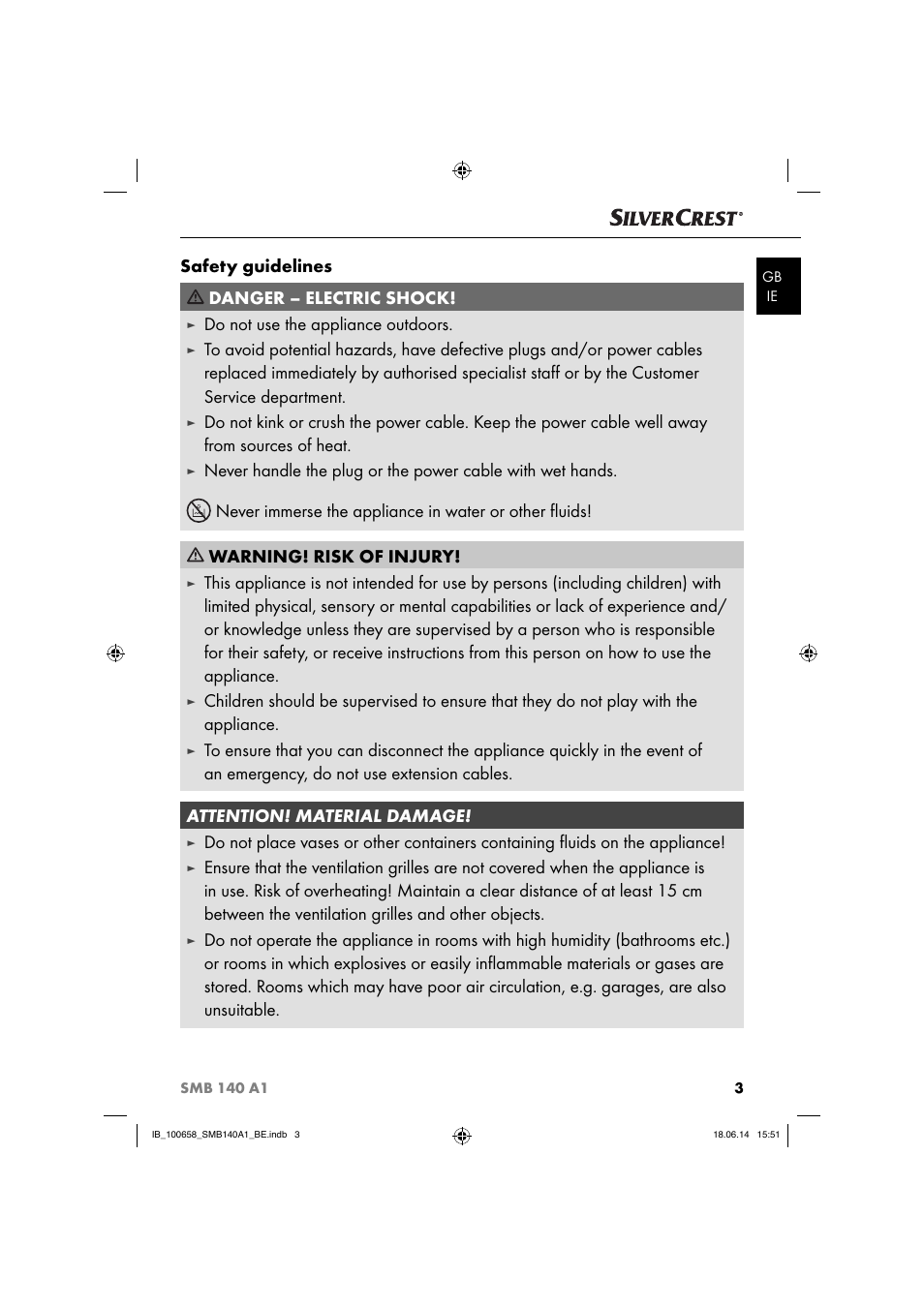 Safety guidelines danger – electric shock, Do not use the appliance outdoors | Silvercrest SMB 140 A1 User Manual | Page 6 / 36