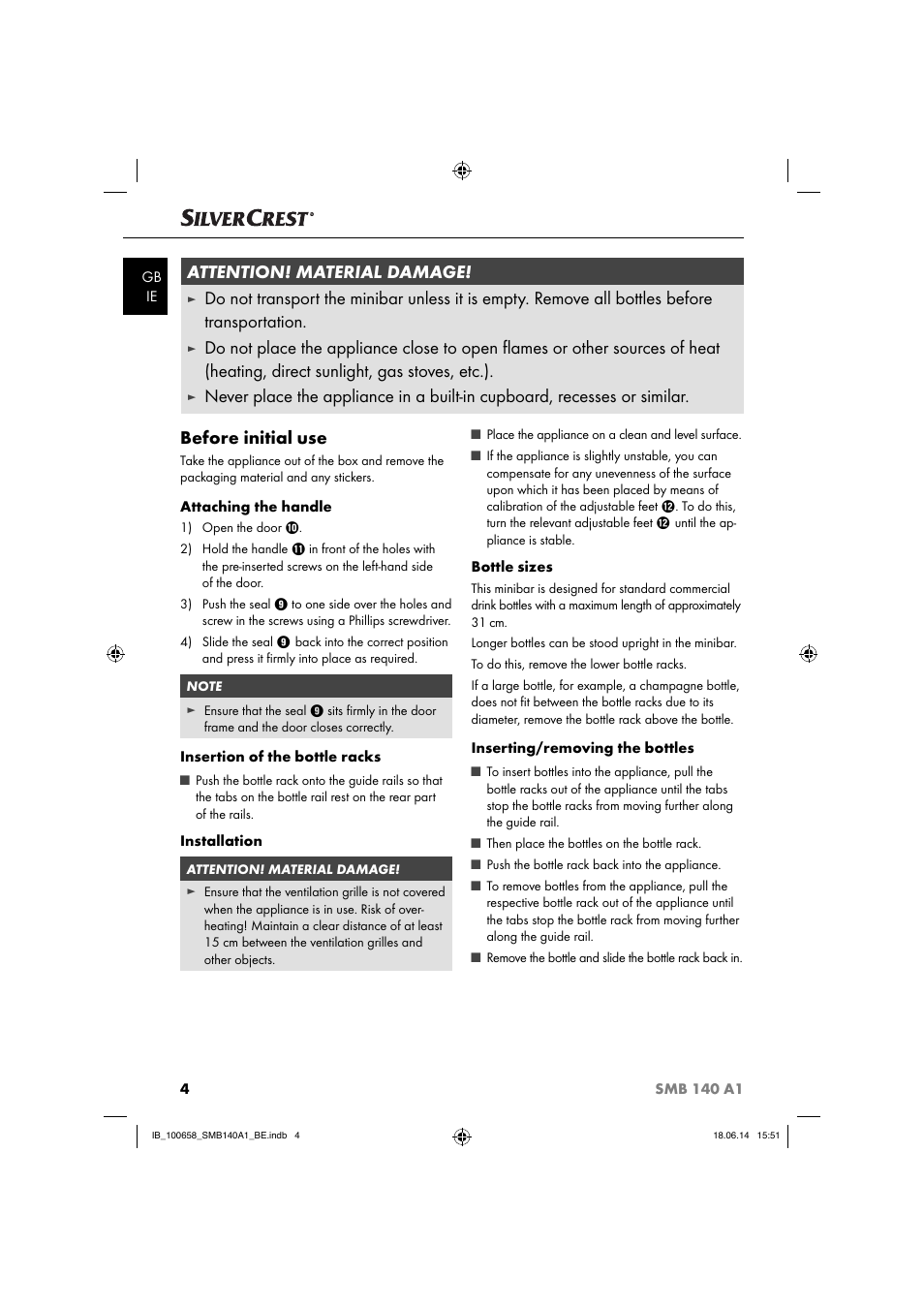 Before initial use, Attention! material damage | Silvercrest SMB 140 A1 User Manual | Page 7 / 36