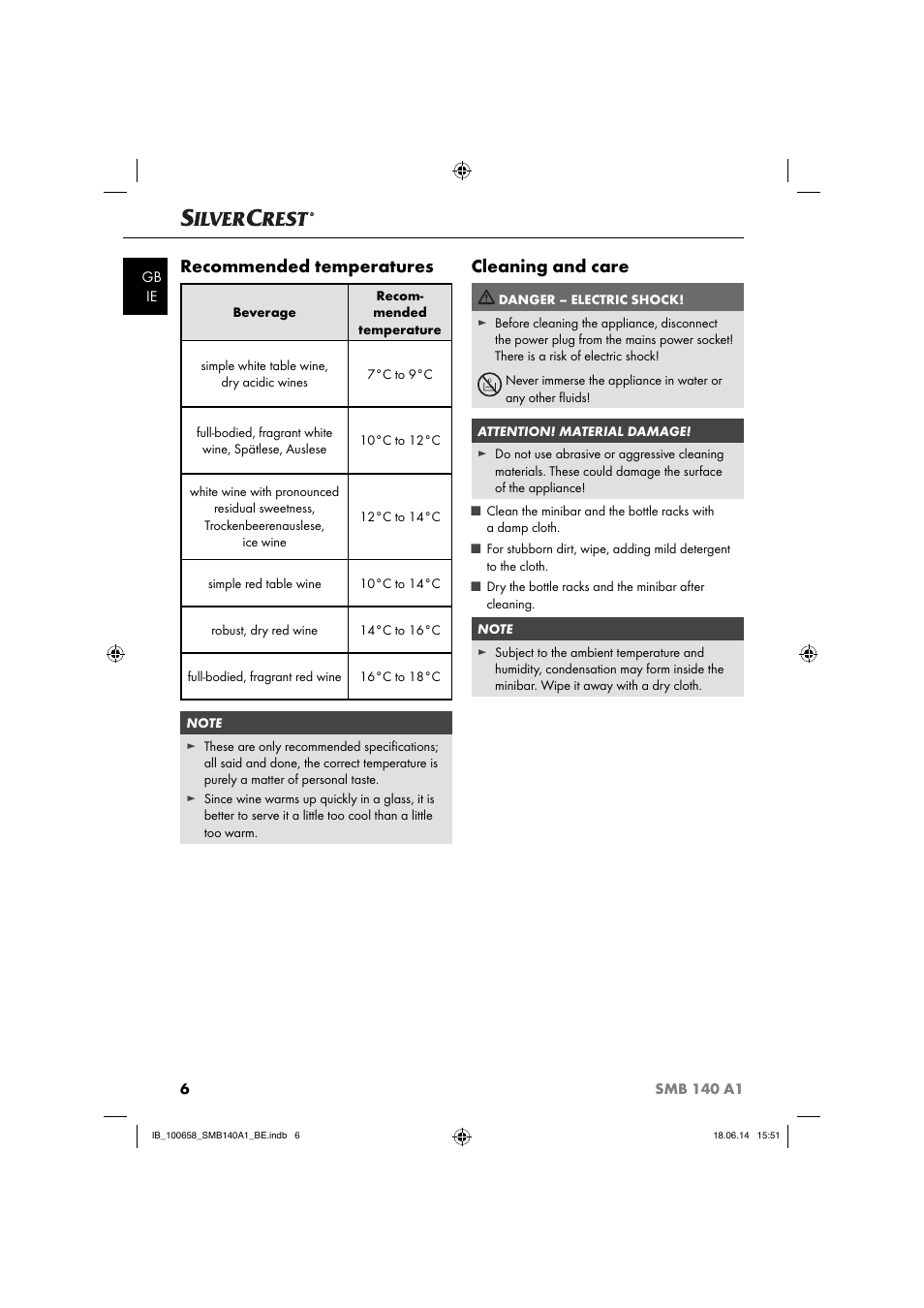 Recommended temperatures, Cleaning and care | Silvercrest SMB 140 A1 User Manual | Page 9 / 36