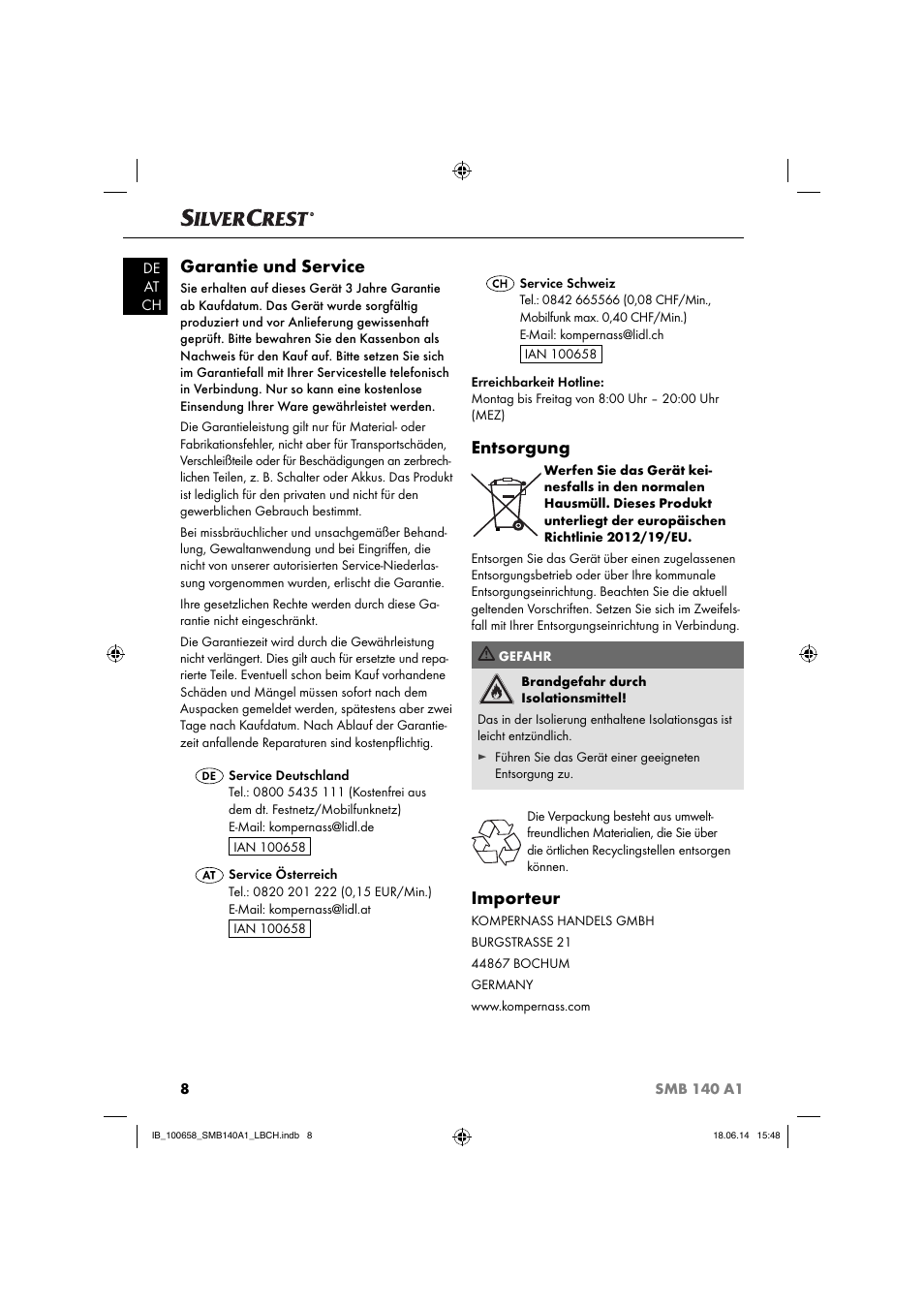 Garantie und service, Entsorgung, Importeur | Silvercrest SMB 140 A1 User Manual | Page 11 / 36