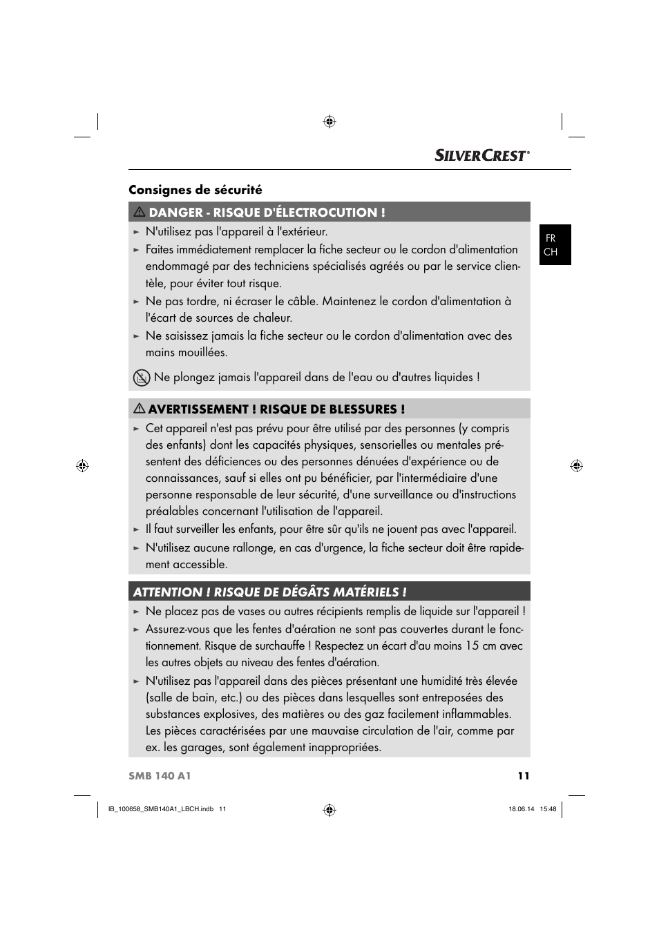 N'utilisez pas l'appareil à l'extérieur, Avertissement ! risque de blessures | Silvercrest SMB 140 A1 User Manual | Page 14 / 36