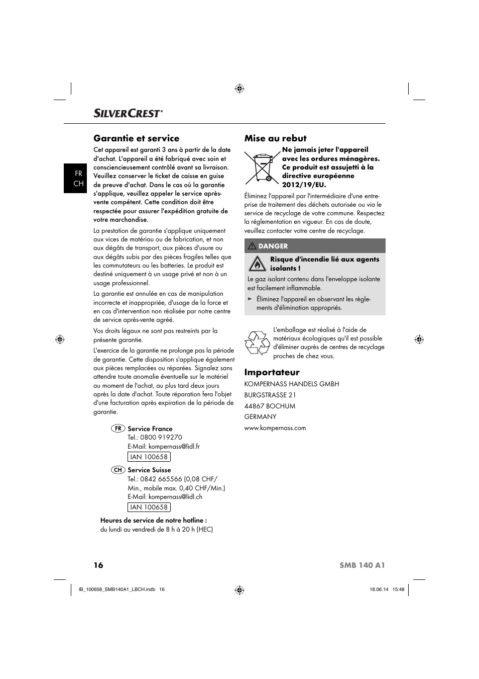 Garantie et service, Mise au rebut, Importateur | Silvercrest SMB 140 A1 User Manual | Page 19 / 36