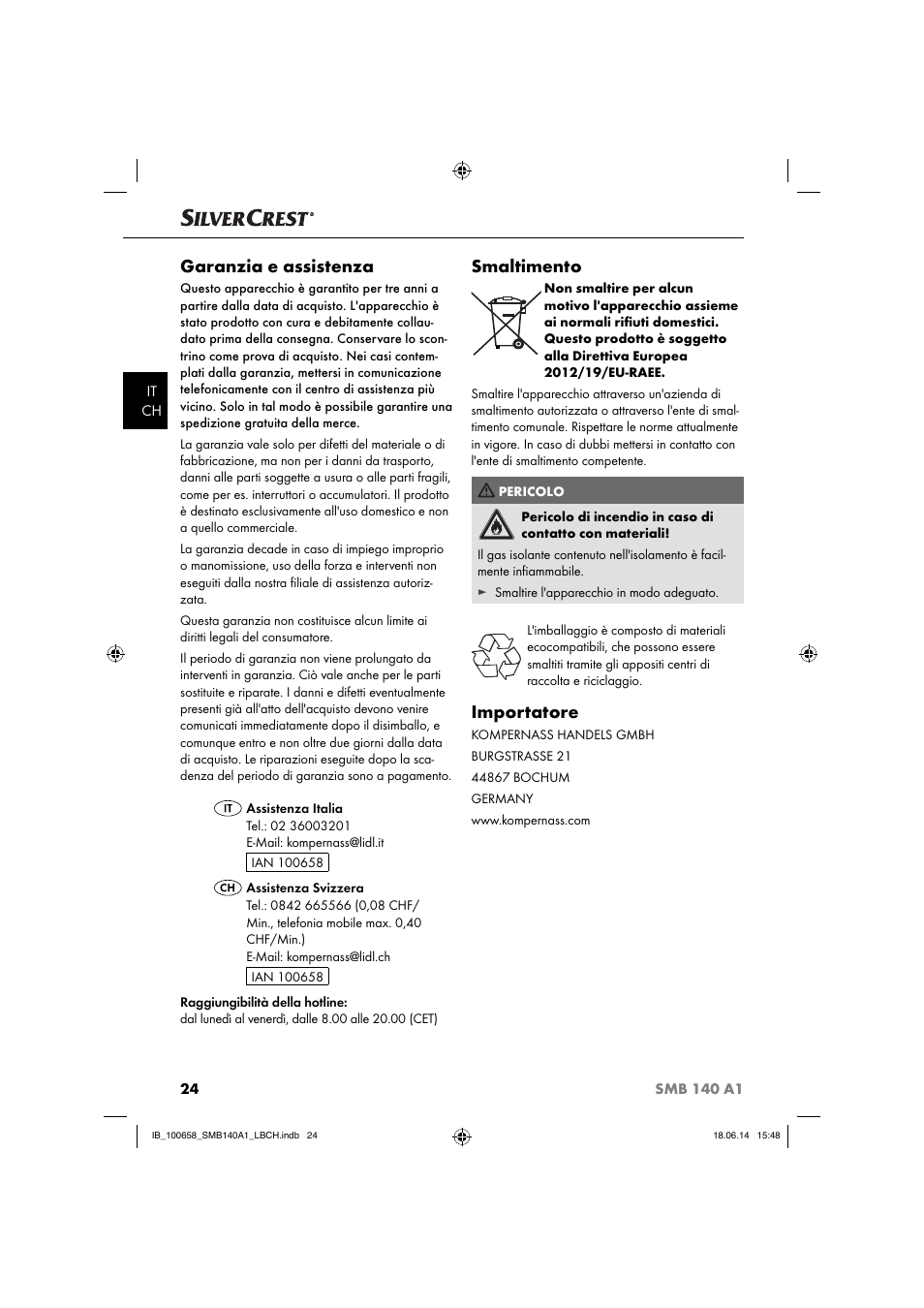 Garanzia e assistenza, Smaltimento, Importatore | Silvercrest SMB 140 A1 User Manual | Page 27 / 36