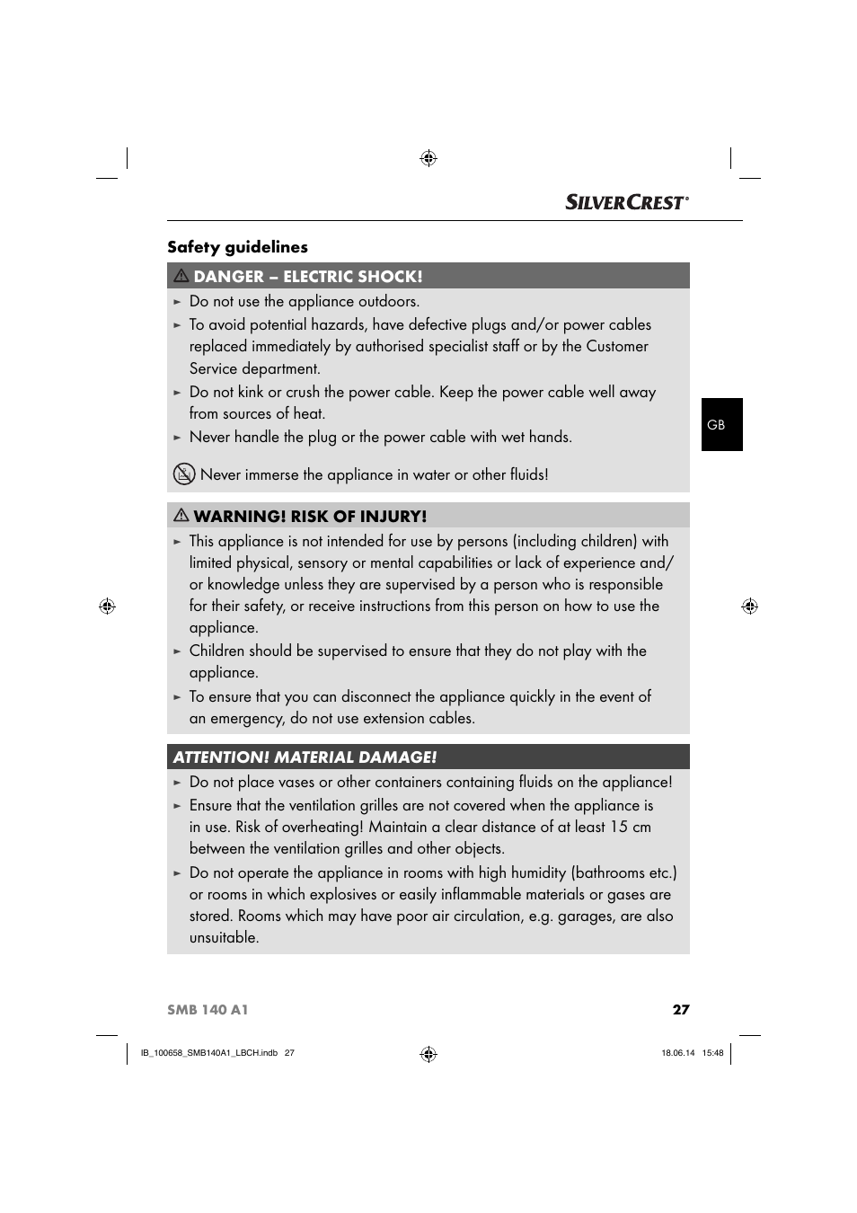 Safety guidelines danger – electric shock, Do not use the appliance outdoors | Silvercrest SMB 140 A1 User Manual | Page 30 / 36