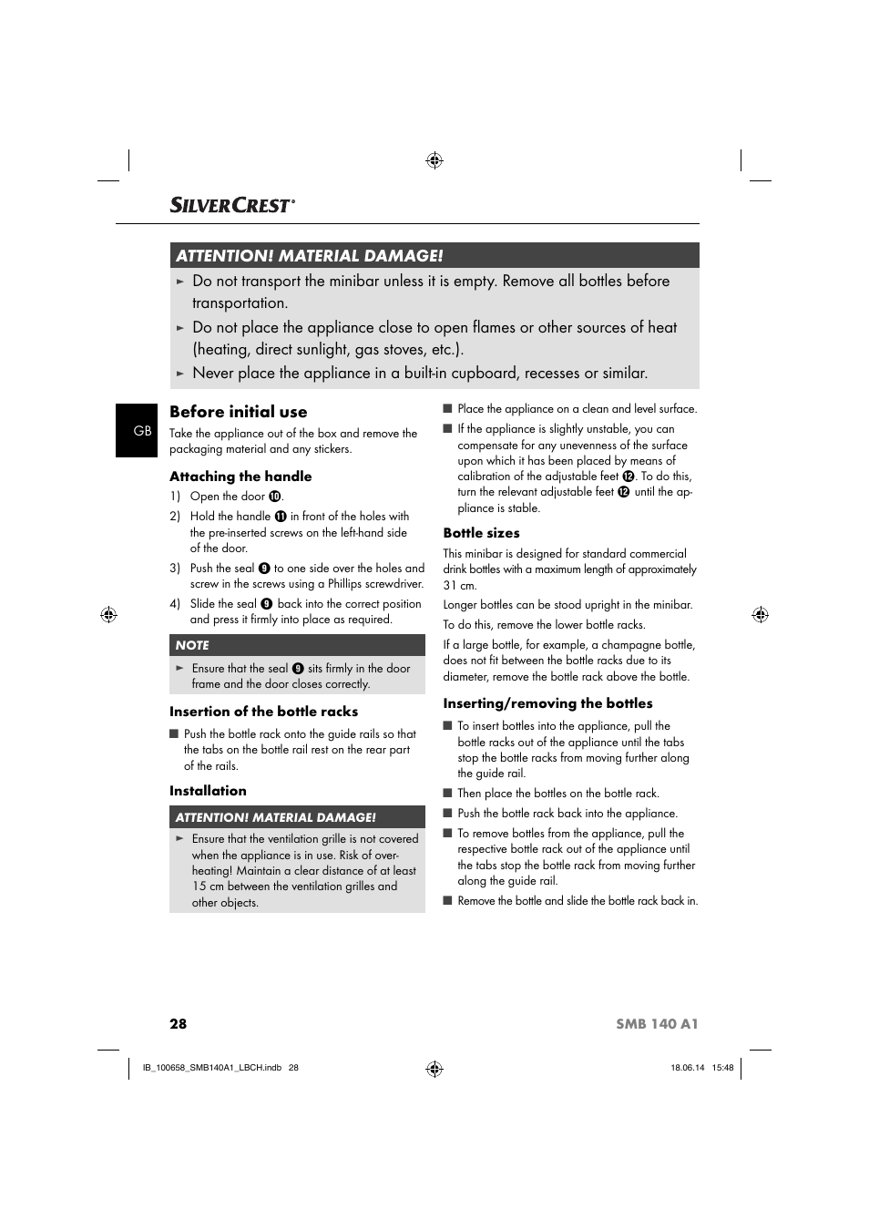 Before initial use, Attention! material damage | Silvercrest SMB 140 A1 User Manual | Page 31 / 36