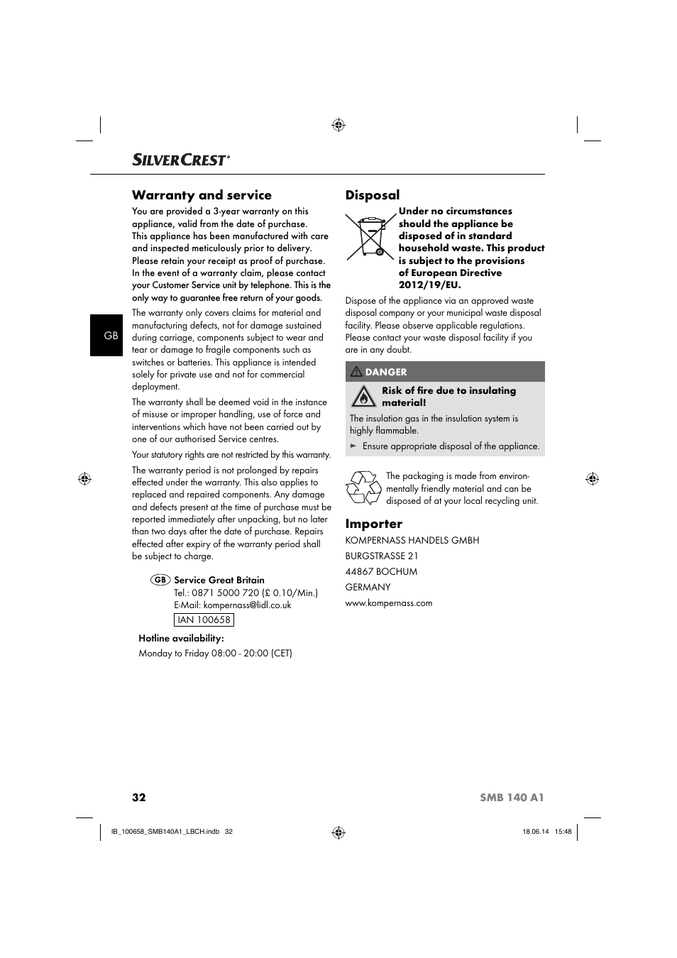 Warranty and service, Disposal, Importer | Silvercrest SMB 140 A1 User Manual | Page 35 / 36