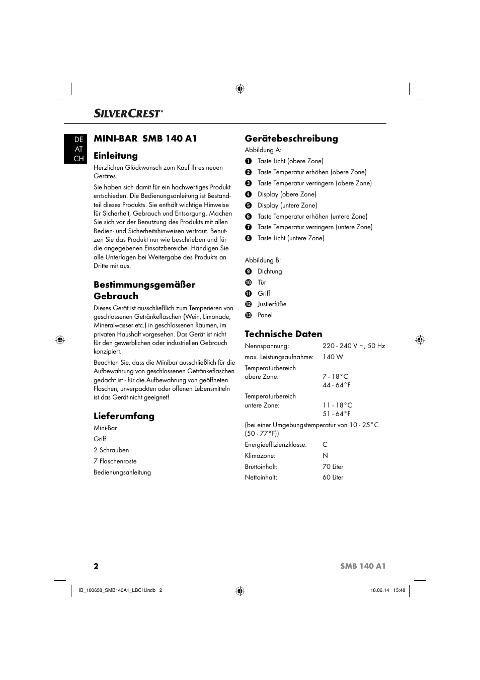 Mini-bar smb 140 a1 einleitung, Bestimmungsgemäßer gebrauch, Lieferumfang | Gerätebeschreibung, Technische daten | Silvercrest SMB 140 A1 User Manual | Page 5 / 36