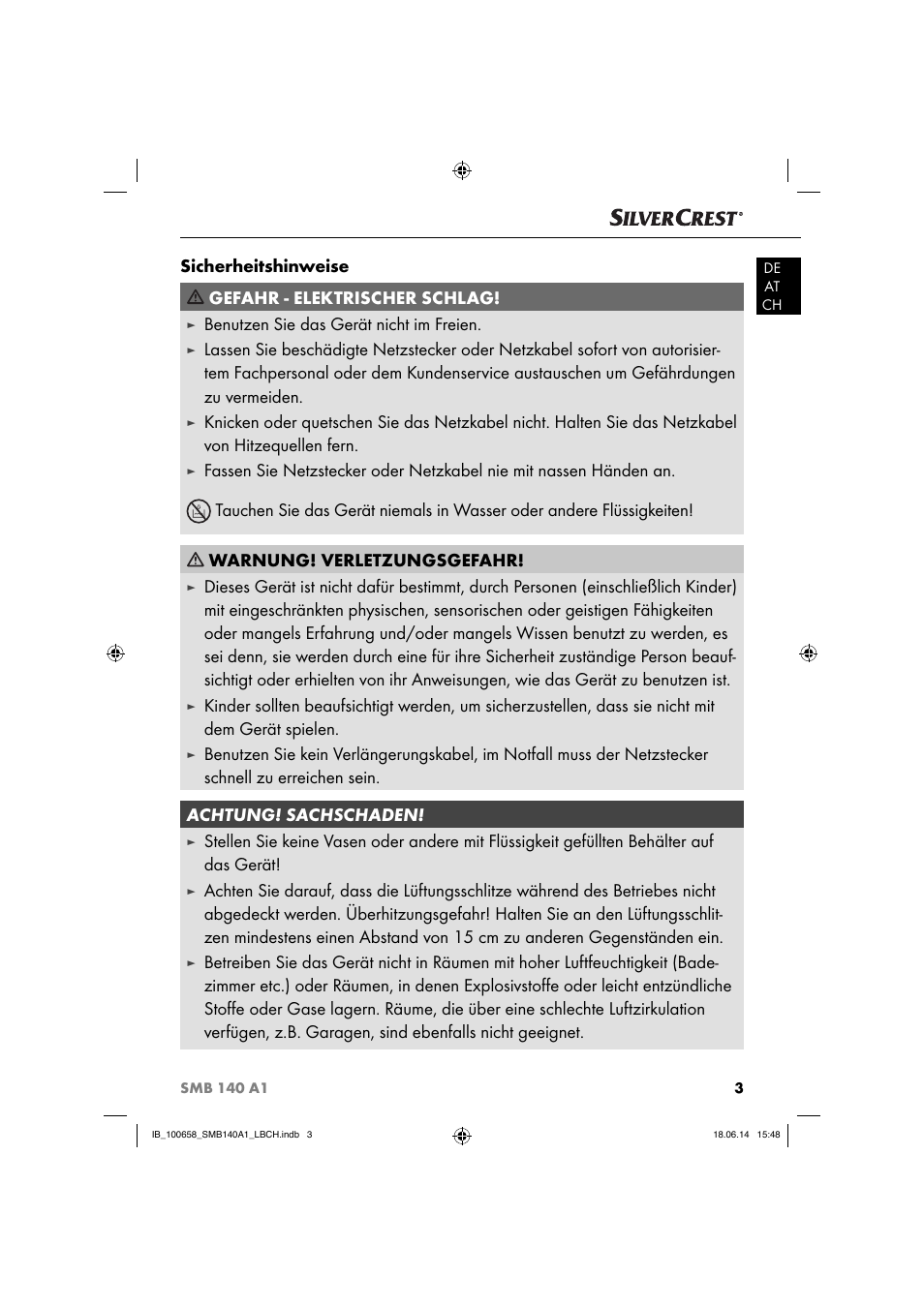 Sicherheitshinweise gefahr - elektrischer schlag, Benutzen sie das gerät nicht im freien | Silvercrest SMB 140 A1 User Manual | Page 6 / 36