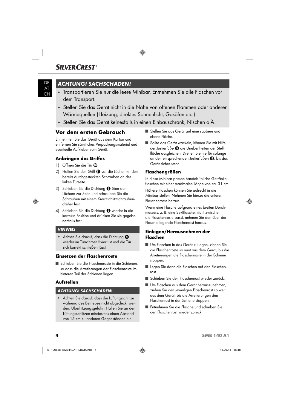 Vor dem ersten gebrauch, Achtung! sachschaden | Silvercrest SMB 140 A1 User Manual | Page 7 / 36