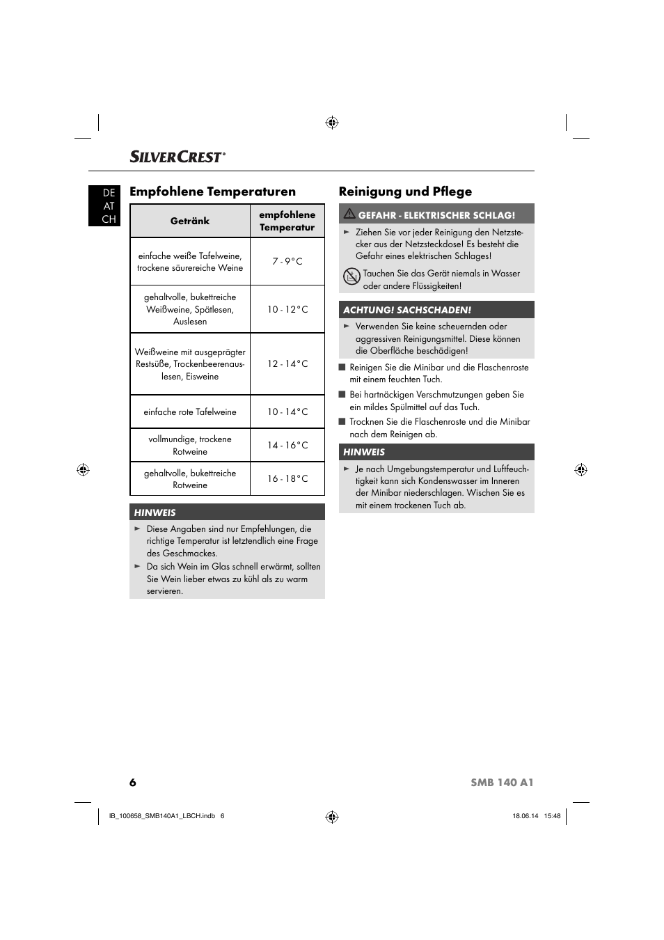 Empfohlene temperaturen, Reinigung und pﬂ ege | Silvercrest SMB 140 A1 User Manual | Page 9 / 36