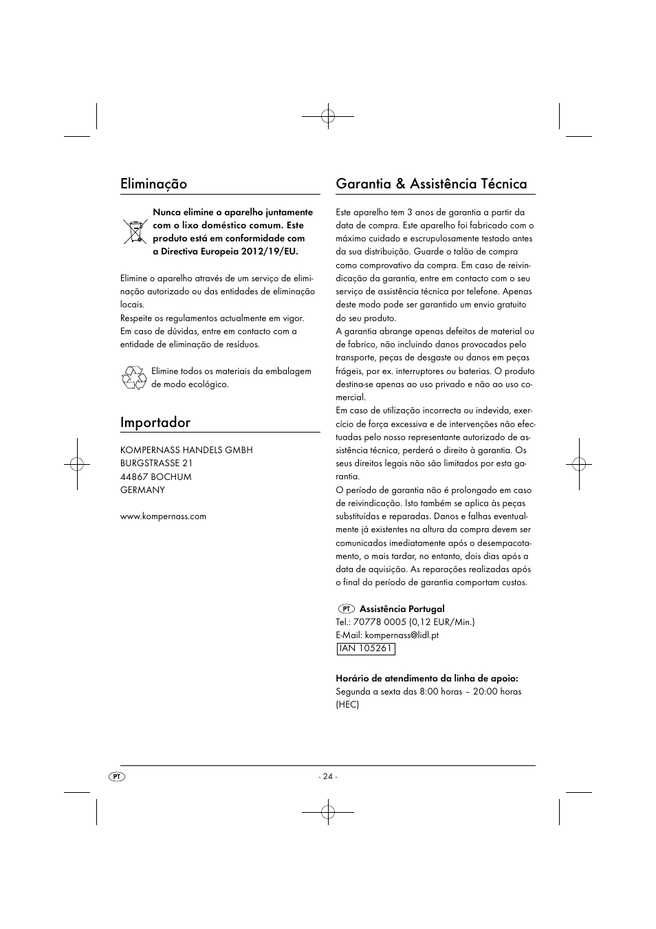Eliminação, Importador, Garantia & assistência técnica | Silvercrest SMZ 260 G1 User Manual | Page 27 / 44