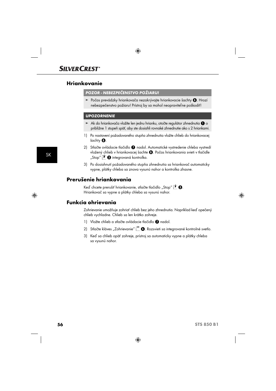 Hriankovanie, Prerušenie hriankovania, Funkcia ohrievania | Silvercrest STS 850 C1 User Manual | Page 59 / 76