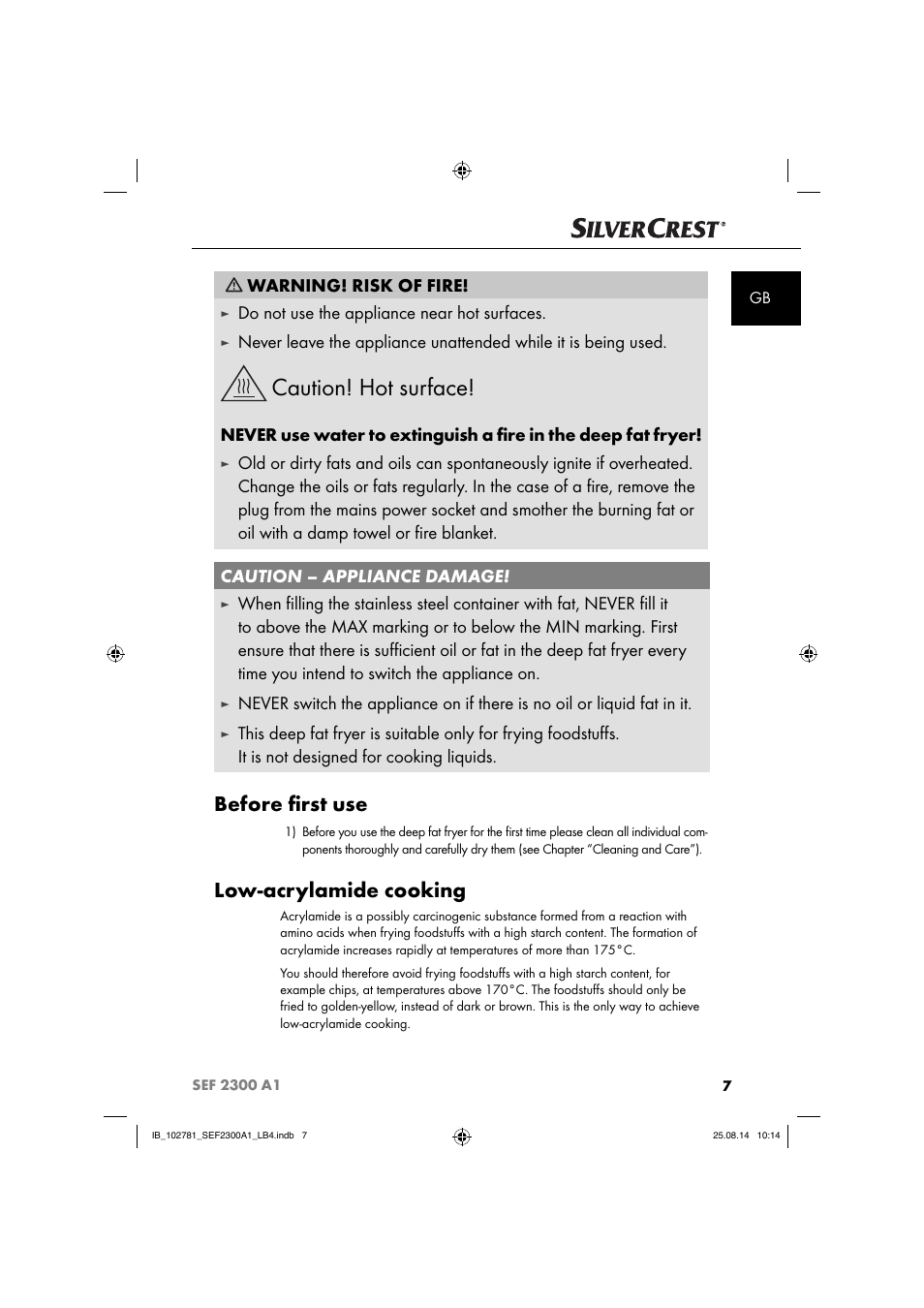Caution! hot surface, Before ﬁ rst use, Low-acrylamide cooking | Warning! risk of fire, Do not use the appliance near hot surfaces | Silvercrest SEF 2300 A1 User Manual | Page 10 / 124