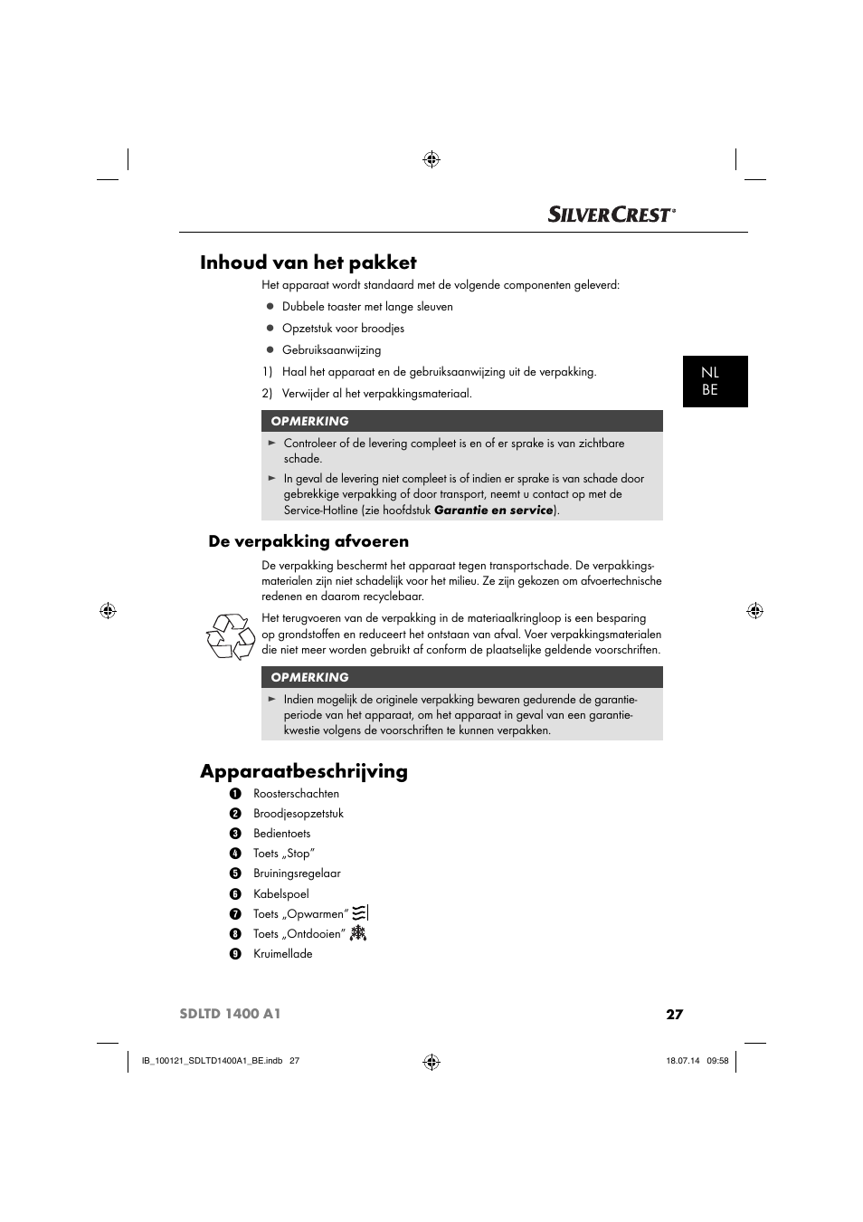 Inhoud van het pakket, Apparaatbeschrijving, De verpakking afvoeren | Nl be | Silvercrest SDLTD 1400 A1 User Manual | Page 30 / 52