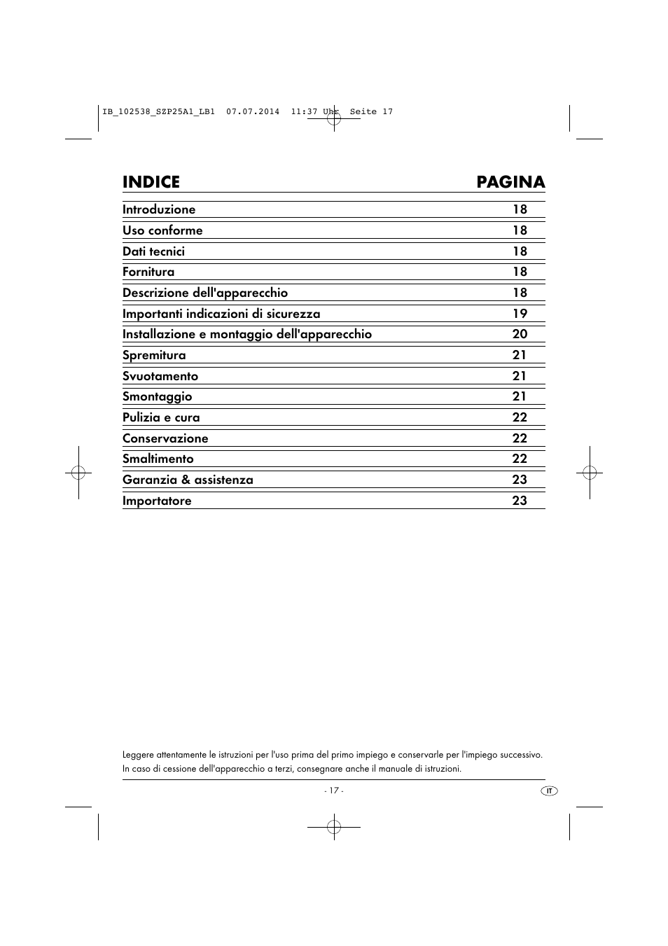 Indice pagina | Silvercrest SZP 25 A1 User Manual | Page 20 / 35