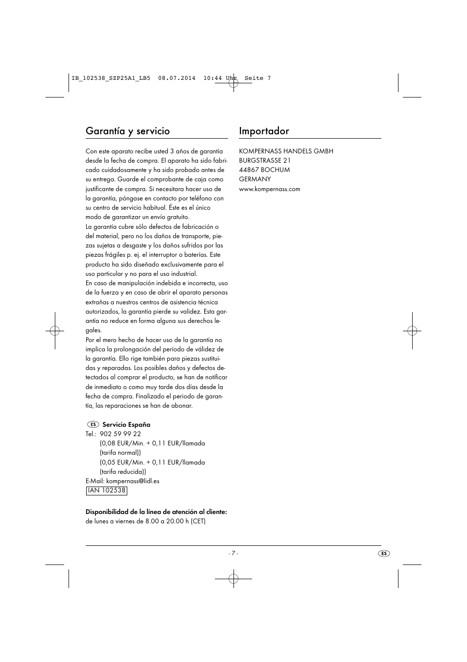 Garantía y servicio, Importador | Silvercrest SZP 25 A1 User Manual | Page 10 / 43