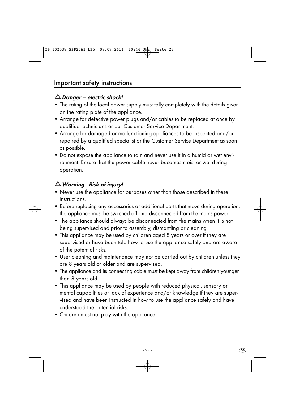 Important safety instructions | Silvercrest SZP 25 A1 User Manual | Page 30 / 43