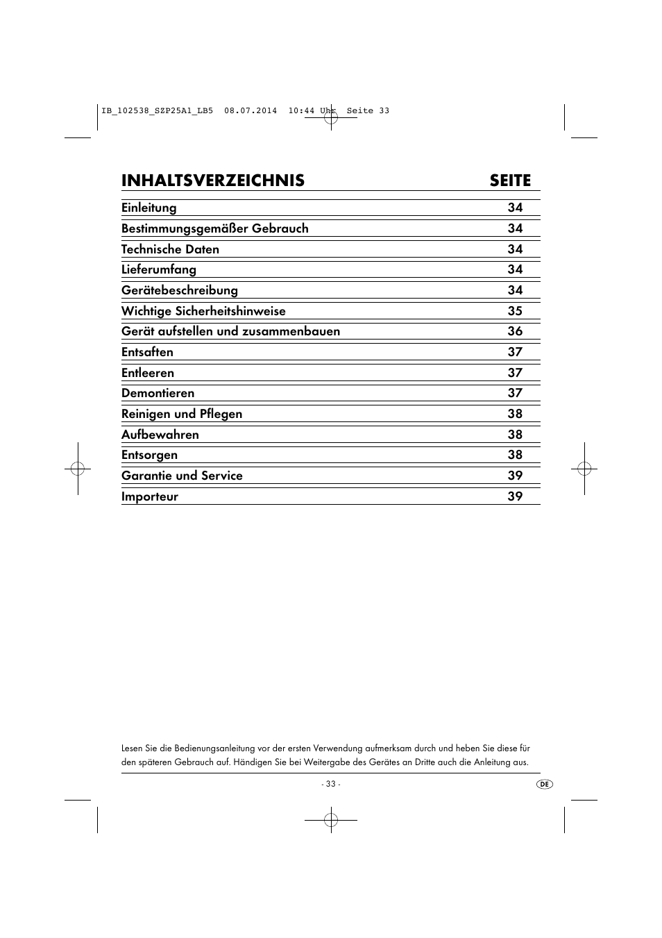 Inhaltsverzeichnis seite | Silvercrest SZP 25 A1 User Manual | Page 36 / 43