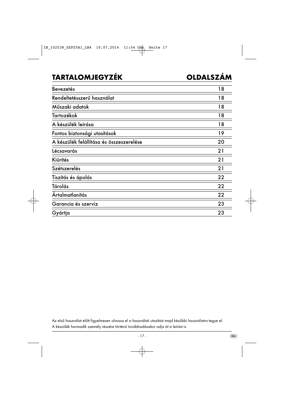 Tartalomjegyzék oldalszám | Silvercrest SZP 25 A1 User Manual | Page 20 / 51
