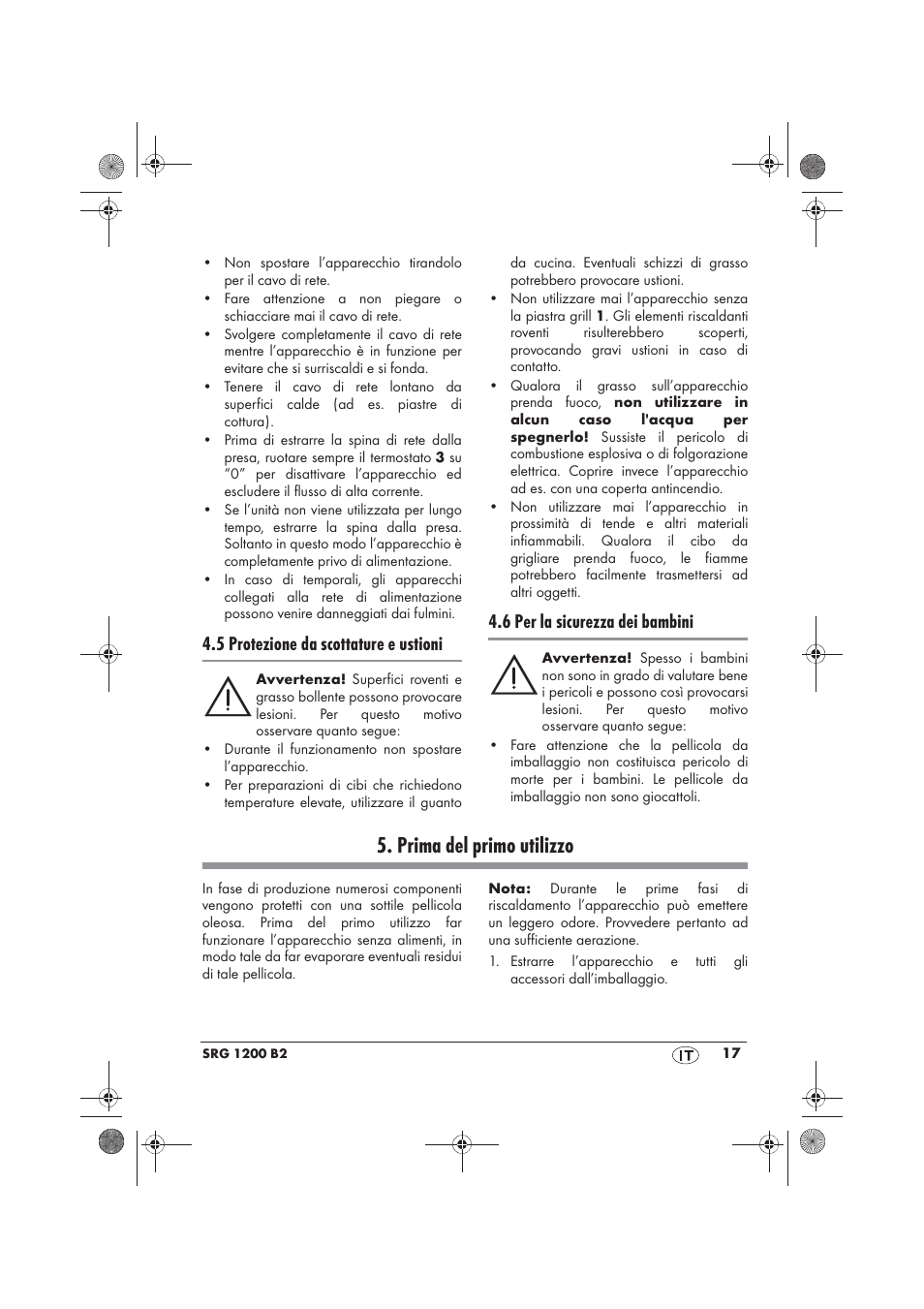 Prima del primo utilizzo, 5 protezione da scottature e ustioni, 6 per la sicurezza dei bambini | Silvercrest SRG 1200 B2 User Manual | Page 19 / 54