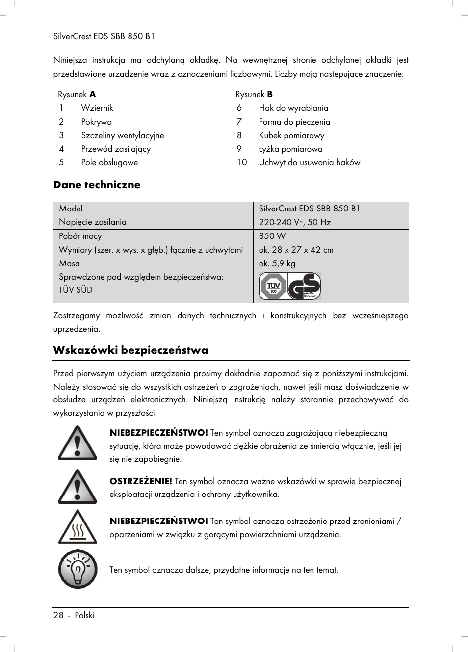 Dane techniczne, Wskazówki bezpieczeństwa | Silvercrest SBB 850 B1 User Manual | Page 30 / 172